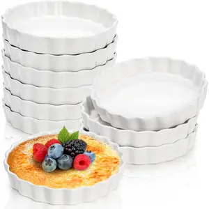 10 Pack 8 oz Creme Brulee Ramekins, 6 Inch Round Fluted Quiche Dishes, Porcelain Pie Pan Shallow Baking Dish Oven Safe for Baking Souffle,  Pie, Quiche, Tart