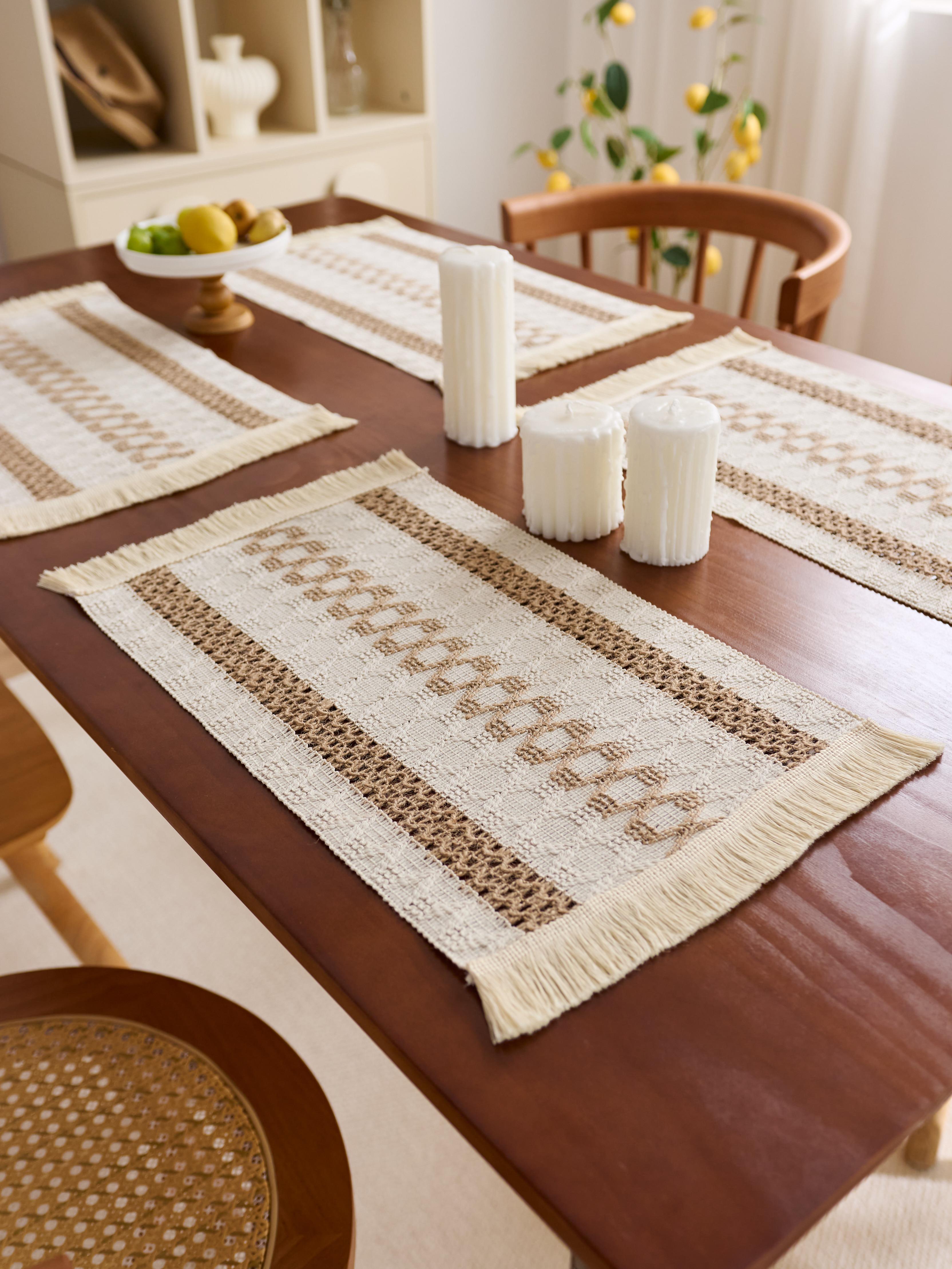 Boho Placemats Set of 4/6, 100% Polyester Woven Farmhouse Table Mats 11.81 x 19.69 Inch, Beige Brown Rustic Dining Placemats with Fringe Tassels for Kitchen, Dining Room, Party, Holiday Decor