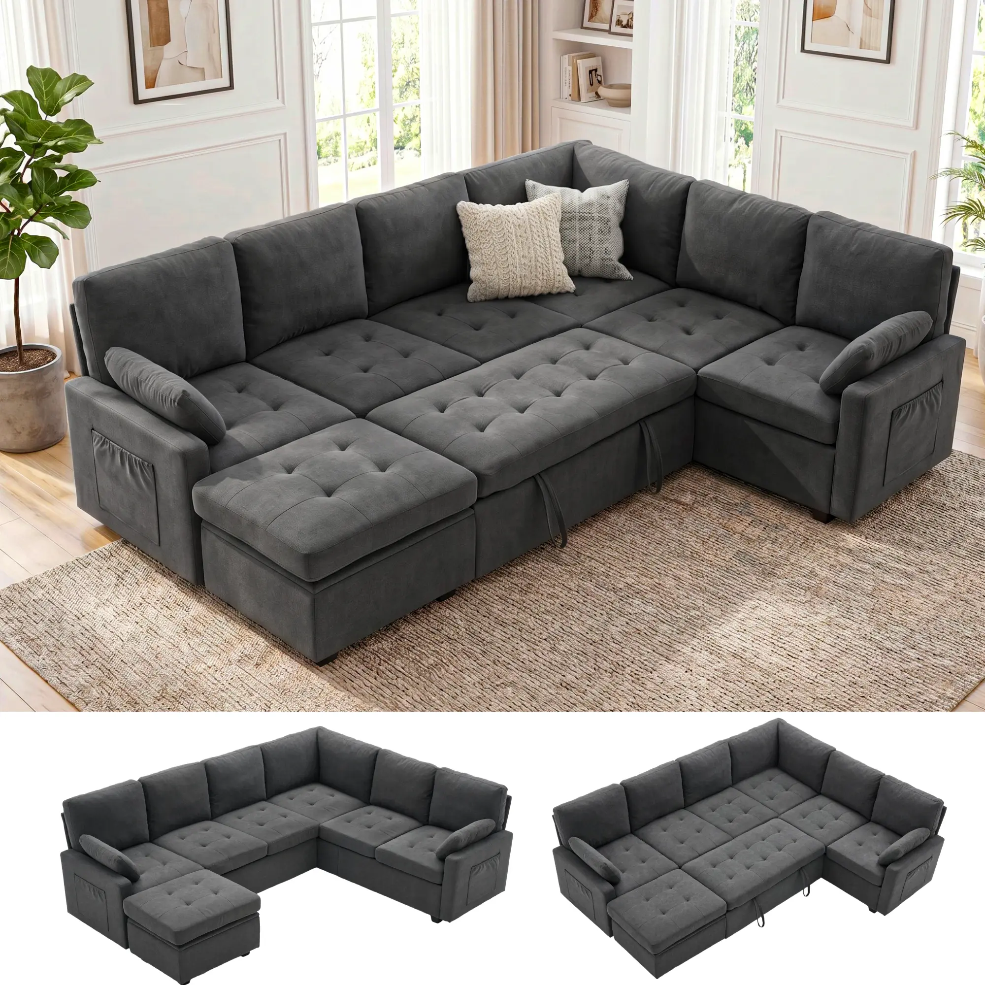【3 Packages】82" Pull Out Couch with Storage, Sleeper Sofa, 5 Seat L Shaped Sectional Couches for Living Room, Modular Sectional Couch with Removable Covers,