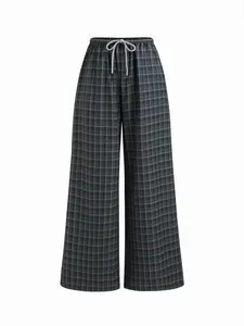 Cider Cotton-blend Plaid Drawstring Wide Leg Trousers