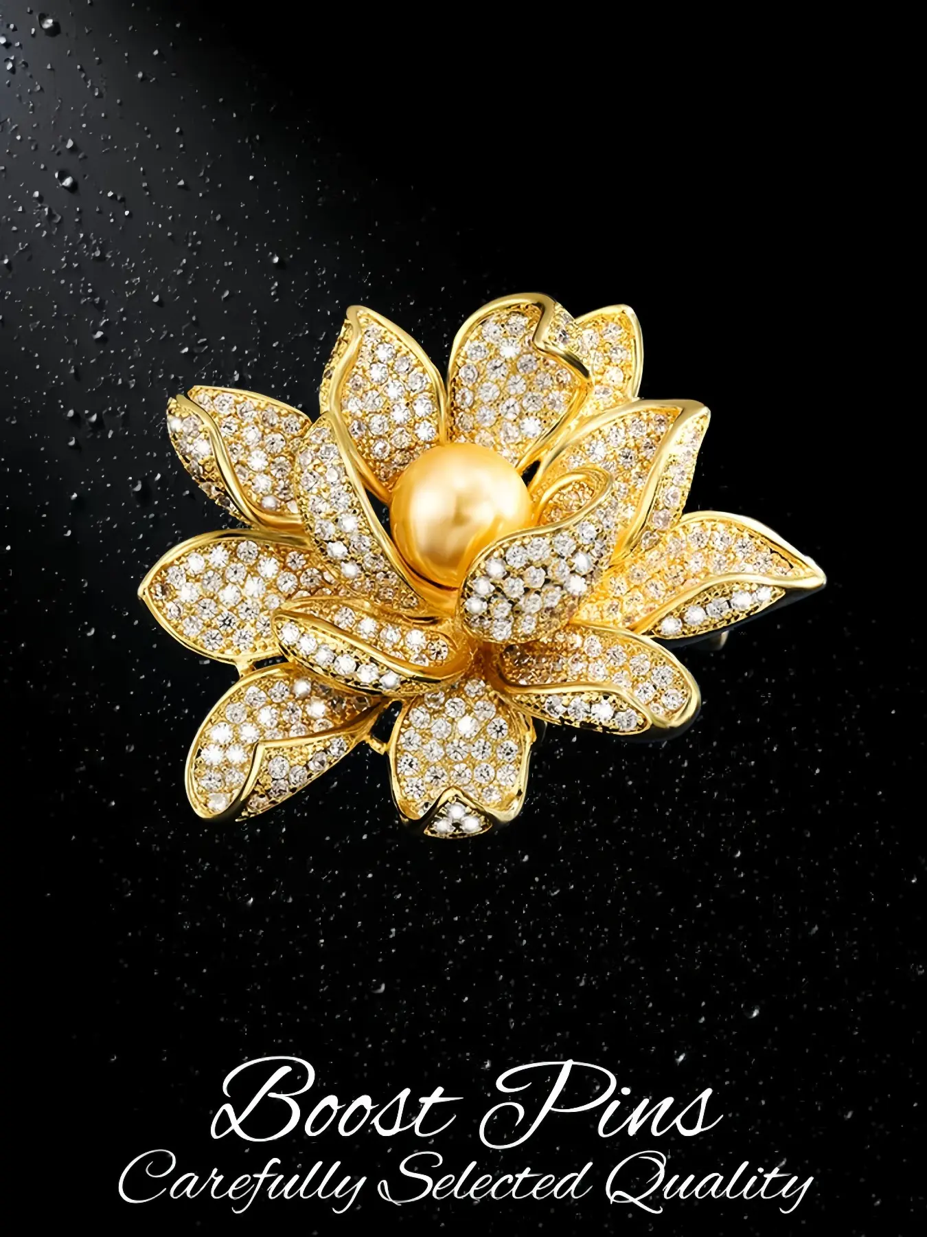 Elegant Gold Tone Lotus Brooch, Golden Pearl Center with Paved Crystal, Delicate Alloy Floral Lapel Pin, Chic Statement Jewelry for Women, Flower Pearl Brooch