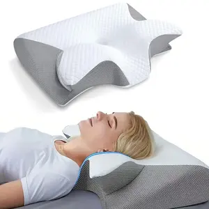 2-in-1 Ergonomic Neck Pillow, Contoured Memory Foam Pillow for Back, Side and Stomach Sleepers, 62 x 37 x 12 cm, Grey