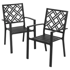 Patio 2-Piece Iron Dining Chairs with Slatted Seat and Stackable Design