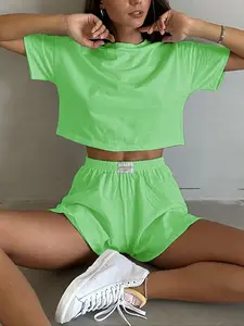 Women's Solid Crop Top & Shorts Two-piece Set, Casual Comfy Round Neck Top & Shorts Pj Set, Ladies Sleepwear for Summer, Pajama, Womenswear, Soft Lounge Sets