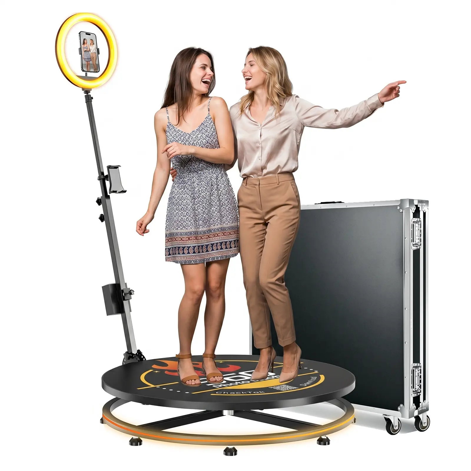 OHYEAHSPIN Compact 360-Degree Photo Booth Machine with Ring Light, RGB LED Platform, Adjustable Remote Control Speed, Cellphone/Mobile/Smartphone Holder - Camera Accessory for Weddings, Parties (68/80/100cm)