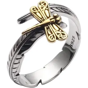 Dragonfly Adjustable Ring Cute Animal Sterling Silver 925 Plated Fashion Feather Stackable Open Vintage Retro Dragonflies Jewelry Gifts for Women Men Stacking Finger Rings Xmas Birthday