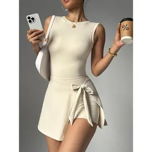 Women's Round Neck Tennis Athletic Dress, Sleeveless Design, Side Slit &-In Shorts, Golf Skirt Pants, Backless Sport Romper