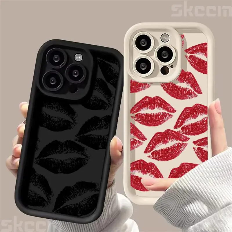 Black And Red Lips Kiss Print Soft Silicone Phone Case For iPhone 16 Pro Max 15 14 Plus 11 12 13 7 8 Plus X XS XR 16E Cover
