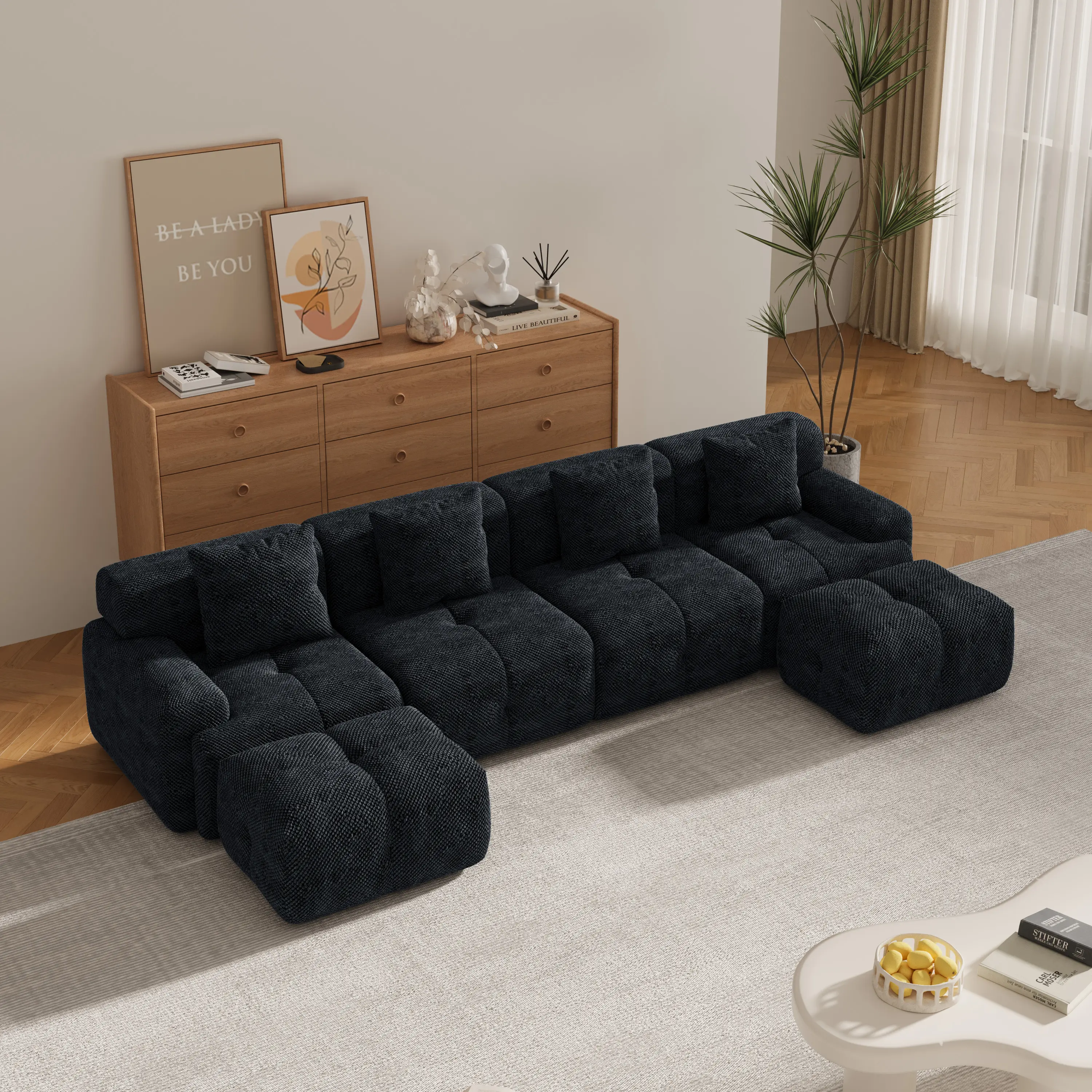 【Sub 2 packages】Niccae 135.4" 6-Piece U-Shaped Sleeper Modular Sectional Sofa Bed Chaise Oversized 4-Seater Boneless Convertible Block Cloud Tufted Floor Corner Couch Set with 2 Ottomans & 4 Pillows for Living Room,Charcoal