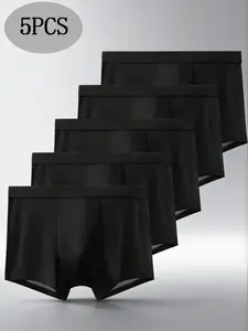 Men's Ice Silk Underwear Set, Silky Breathable Boxer, Seamless Boxer Briefs, Soft Breathable Casual Men's, Fitted Plain Design, All Seasons Comfort, 5 Pieces Pack