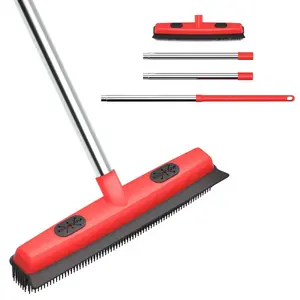 2-in-1 Floor Scrub Brush with Squeegee, 50” Extendable Handle, Stiff Bristle Deck Scrubber for Tile, Patio, Garage, Bathroom Cleaning