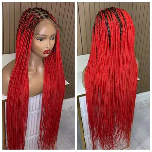 Fire Red Knotless Braided Wig Fullace - Long Straight Synthetic Hair for Women