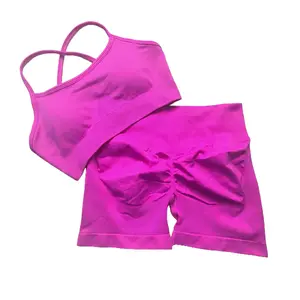 Female 2-Piece Sporty Chic Cross-Back Bra & Short-Length Bottom Lifting Shorts Set, Peach Butt Lift Yoga Running Sports Wear