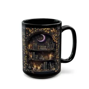 [Sale Up To 40% + Freeship] Purple Goth Bookshelf & Moon Mug Dark Academia Coffee Cup Celestial Book Lover Gift Black Retro Witchy Aesthetic Tea Mug Fantasy Decor