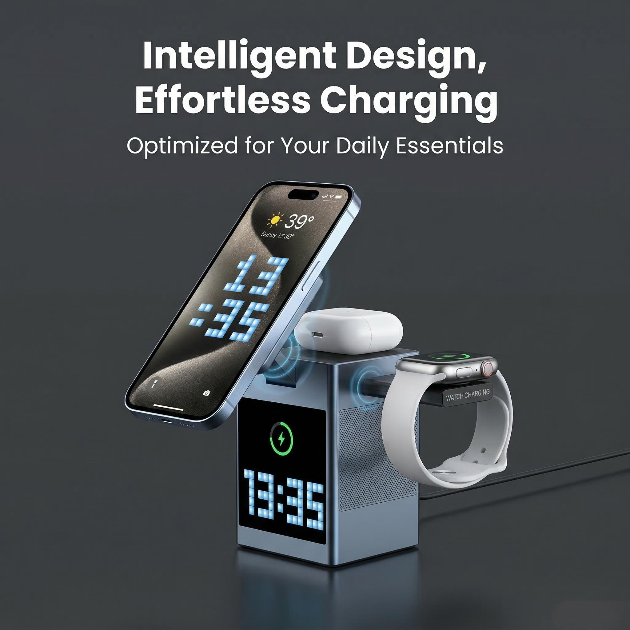 6-in-1 MagSafe-Compatible Magnetic Charger | with Clock & Pixel Display | Multi-Device Desktop Charging Station | Smart Travel Companion for March Madness, Spring Break, World Cup & Easter