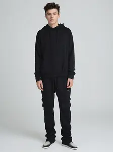 Black 6 Pocket Stacked Sweatsuit True to Size Men's Hooded Jogger Set High Quality Full Sweatsuit with 6 Pocket Sweatpants for Comfort and Style