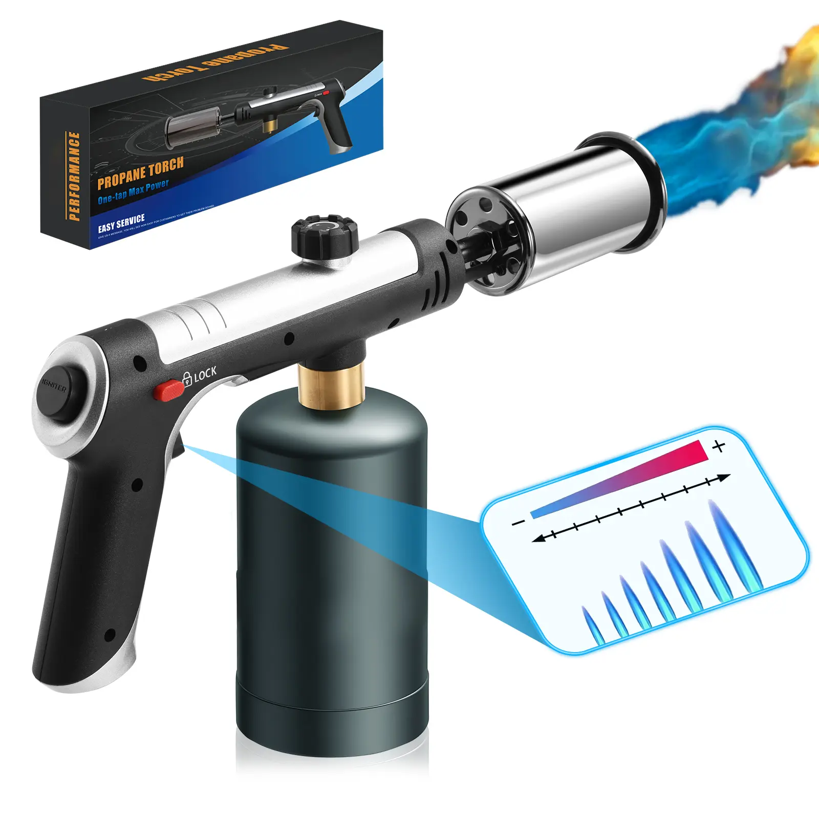 Powerful Propane Torch with One-Touch Ignition & Safety Lock, Adjustable Flame High-Heat Blow Torch for Cooking, BBQ, Charcoal Lighting, Sous Vide, Grill (Propane Tank Not Included)