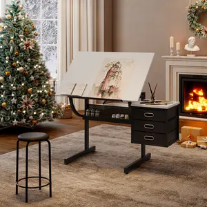 White tabletop Adjustable drafting drawing table for Crafting, Reading, Writing with stool and 3 Storage drawers