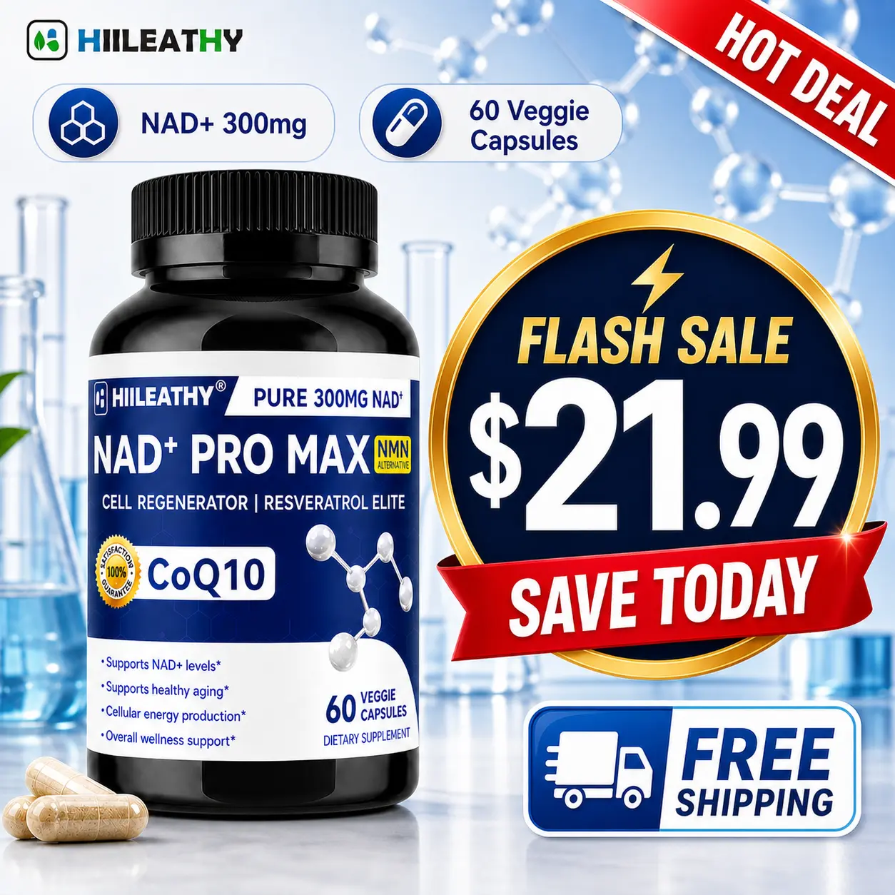 HIILEATHY NAD+ Pro Max Twin Pack, Natural Dietary Supplement Capsules, Daily Nutrition for Overall Wellness, Antioxidant Rich Nutritional Capsules