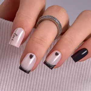 Chic Black & White Heart-Themed Press-On Nails | CurvLife Nail | 24pcs Medium Square Fake Nails | Glossy Finish with Love-Inspired Details | Easy to Apply, Comfortable & Long-Lasting | Perfect for Romantic Dates, Valentine’s, Bridal Showers, Sweet Events