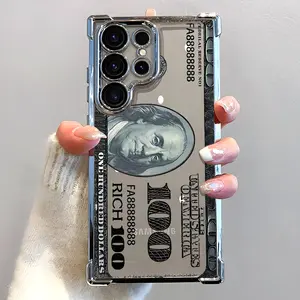 Funny 100 Dollar Bill with Rich Cash Design Phone Case, Electroplated Cover with Airbag Shockproof Slim Soft TPU Cover for Samsung S26 S25 S24 S23 S22 Ultra S25Edge S24FE Plus S25+