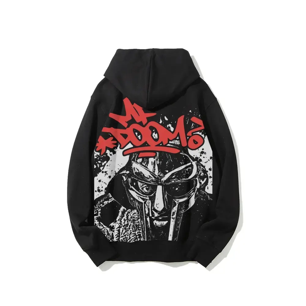 Men's MF Doom Hoodie - 90s Hip-Hop Streetwear Long-Sleeve Cotton Vintage Tops, Soft Fabric, Fitted Casual Unisex Sweatshirt for Retro Music Lovers