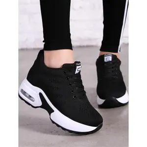 Women's Plain Lace Up Round Toe Height Increasing Sneakers, Wedge Trainers, Designer Shoes, Comfortable Letter Label Decor Athletic Shoes Women, Running Wedge Trainer, Back To School, Girlfriend Gifts
