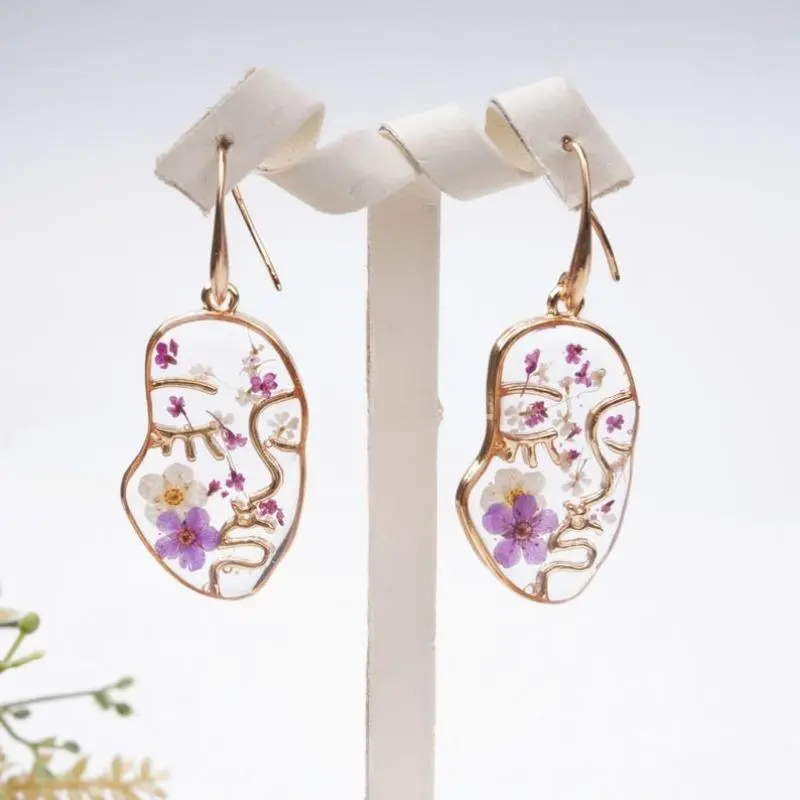 Handmade Purple Forget Me Not Gold Plated Earrings&Necklaces,Creative Real Dried Flower Jewelry Set with Face, Birthday/Valentine's Day Gifts