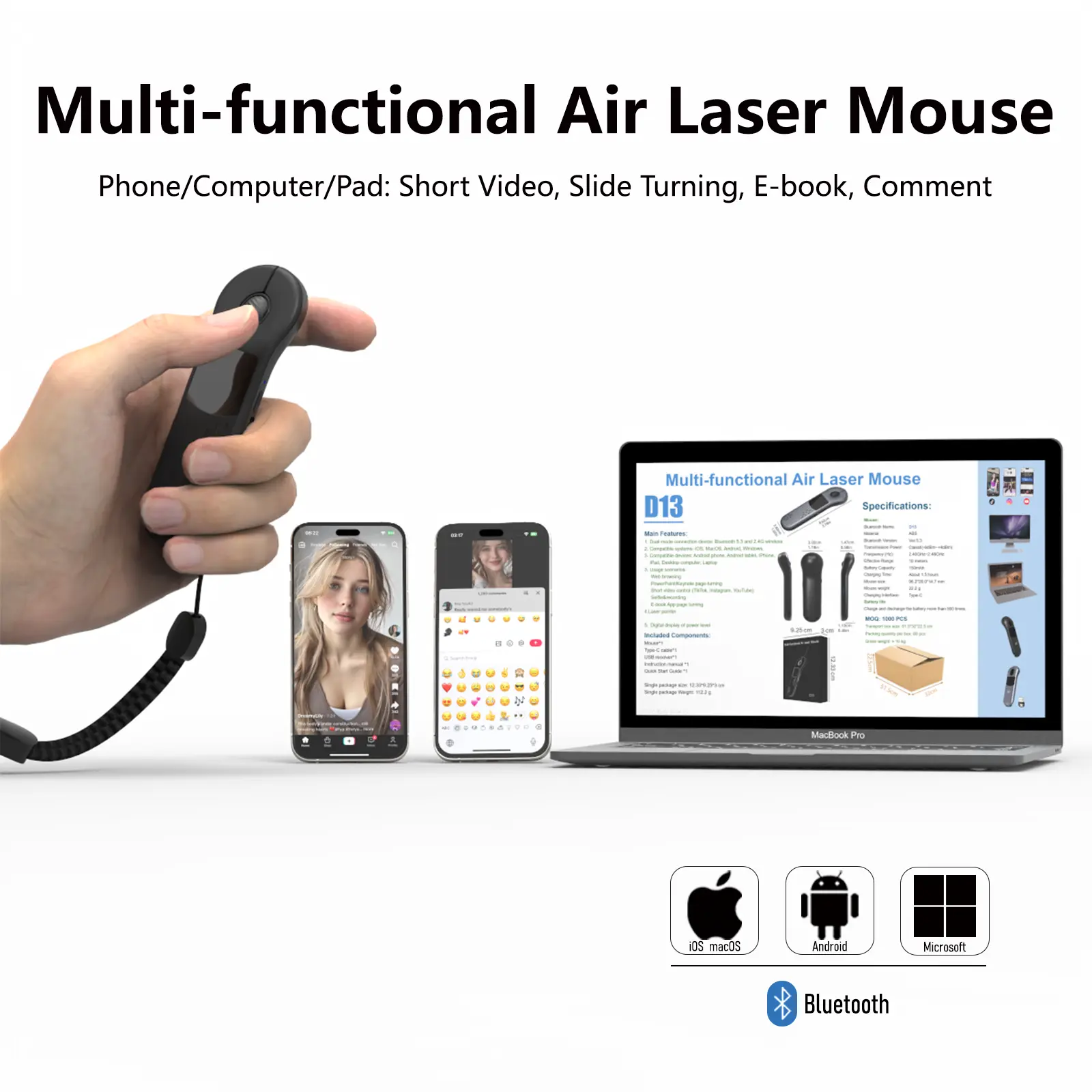 Bluetooth Laser Air Mouse,Wireless Presentation Clicker with Touchpad,  for PowerPoint/Keynote,  Hyperlink and Volume Control / Great for Work, Study, Entertainment and Fitness / fol tik tok, Mac, PC, Laptop Compatible，Portable，Bluetooth+2.4G, Accessories