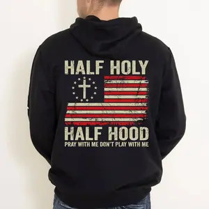 Half Holy Half Hood Pray With Me Don't Play With Me Graphic Hoodie Casual Fleece Fabric Hooded Sweatshirt Trendy Tops for Women for Men
