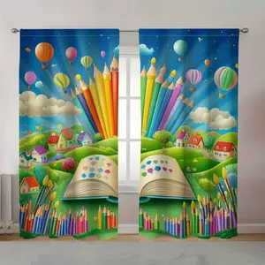 Colorful Pencil Book Print Curtains, Home Decoration Curtain, Fashionable Rod Pocket Window Drapes for Bedroom & Living Room, Comfortable Atmosphere, Easy Installation