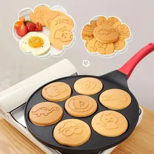 Cute Cartoon Pattern Pancake Pan, 1 Count 7-cavity Frying Egg Pan, Non-stick Frying Pan With Handle, Multifunctional Egg Poacher, Kitchen Cookware For Gas Stove & Induction Cooker, Summer for Gift