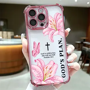 Bibical Cross and Lily Reinforced Corners Electroplated Soft Silicone Phone Case For iPhone 17ProMax/17air/16/15/14/13/12/11/Plus Drop Protection|Full Camera Protection|Anti-Scratch|Non-Smudge|Non-Slip|Anti-Yellow|Perfect Birthday Gift for Her
