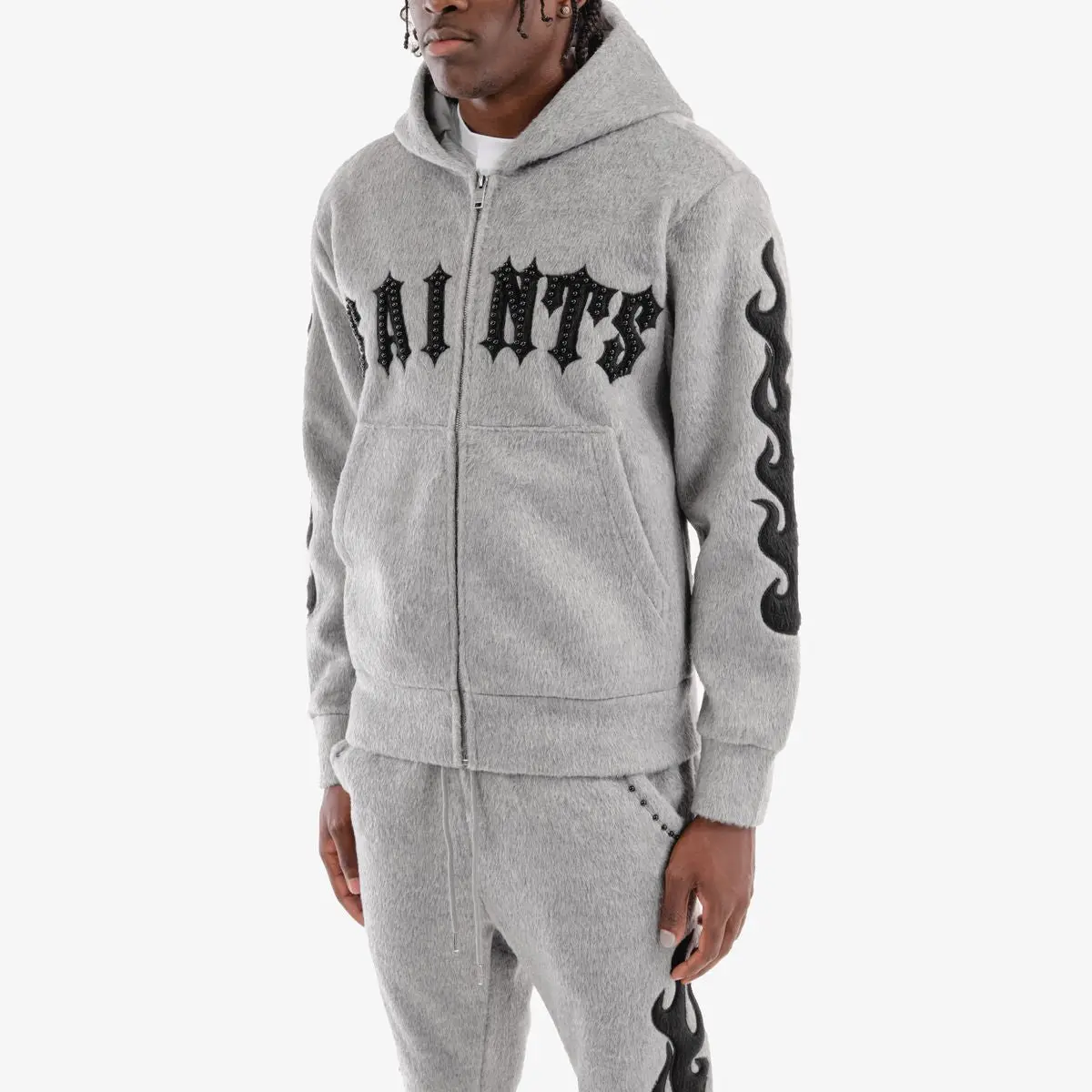 Copper Rivet 'Saints' Mohair Pearl Embroidery Zip Hoodie (Gray