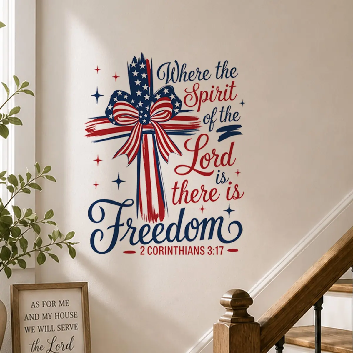 Christian Patriotic Wall Decal - "Where the Spirit of the Lord is there is Freedom" Bible Verse American Cross Vinyl Sticker for Home, Door & Wall Decor