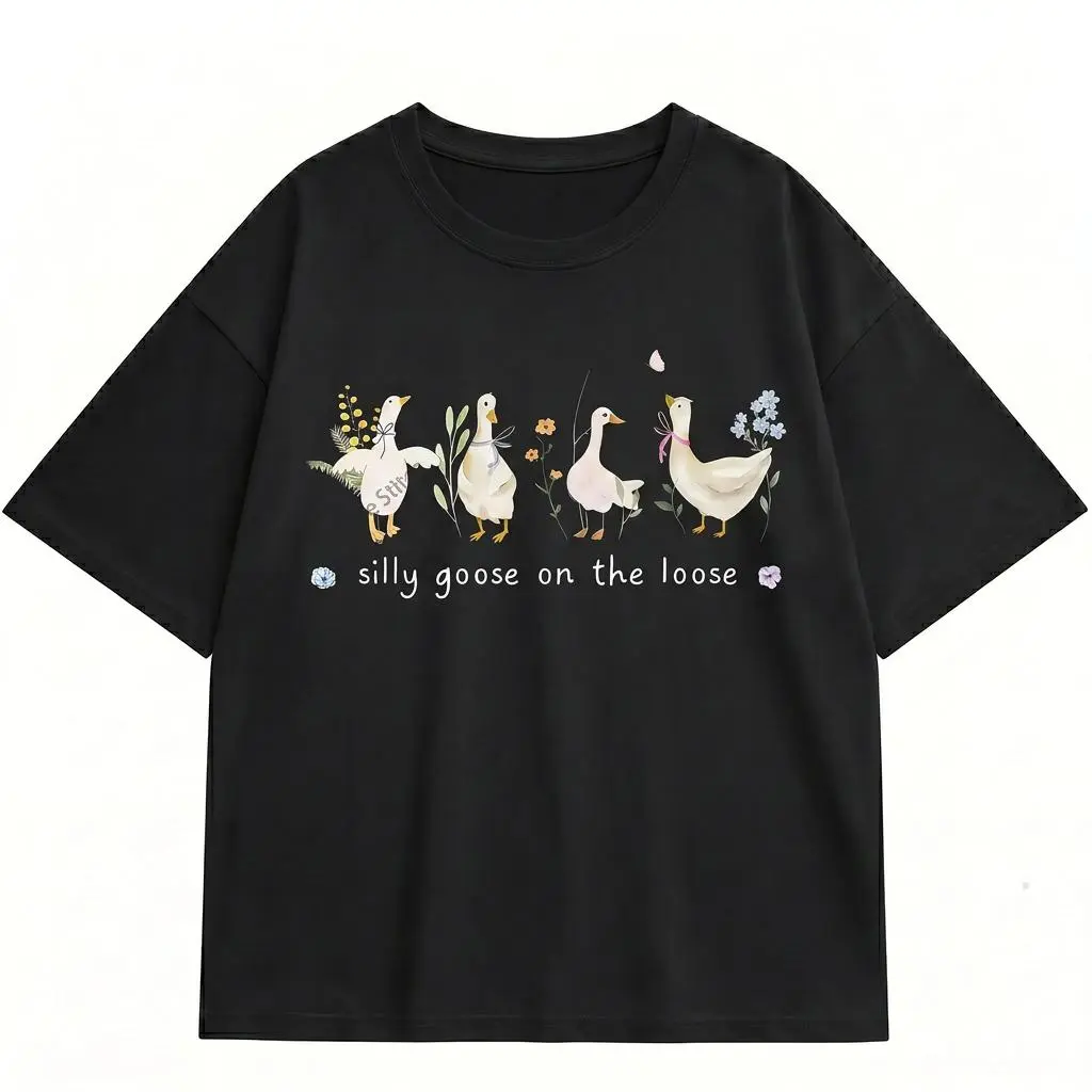 Silly Goose On The Loose Women Graphic Tee Funny Cottagecore Plus Size Shirt
