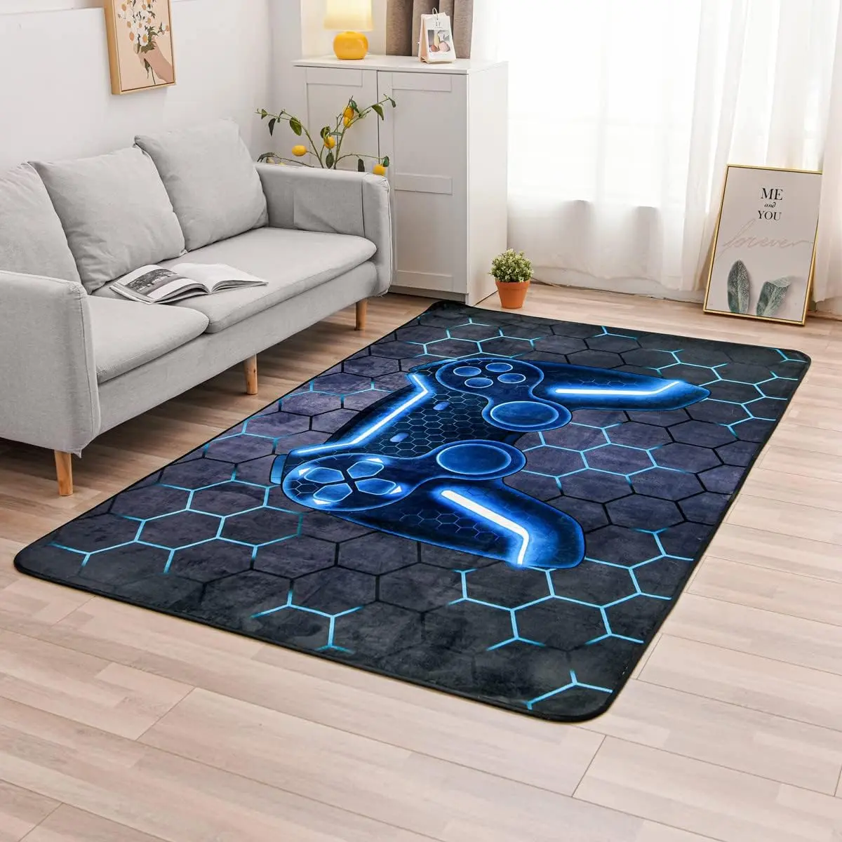 Geometric Controller Print Console Area Rug - Durable 3' x 5' Rectangular Floor Mat for Bedroom, Kid Room, Gamer Decor (Blue, Dimensions Included)