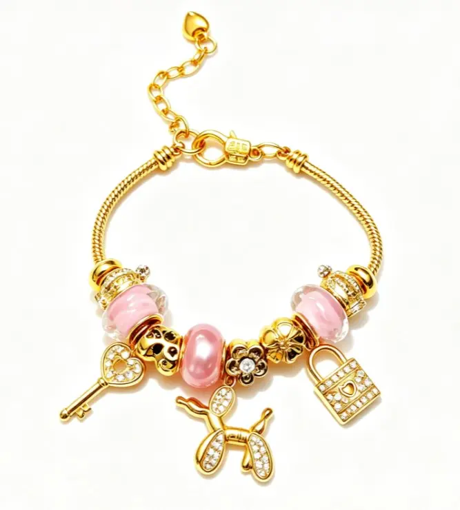 Pink Pearl Balloon Dog Charm Bracelet, Shiny Golden Snake Chain Beaded Bracelet with Lock Key Flower Pendant, Elegant Women Jewelry Gift Box Packed