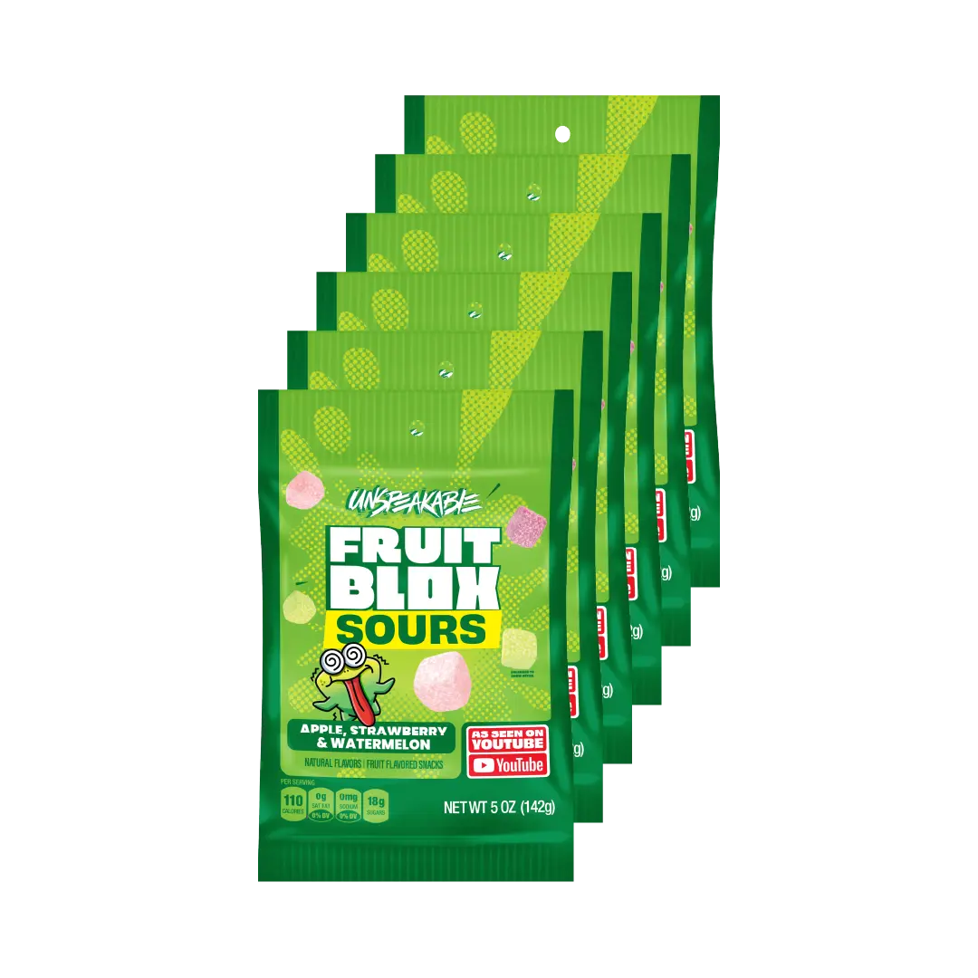 FruitBlox Unspeakable SOURS Apple Strawberry Watermelon Gummies 6 x 5oz Bags Chewy Tangy Juicy Sweet Vegan Gluten Free Real Fruit Juice Snack Bonbon