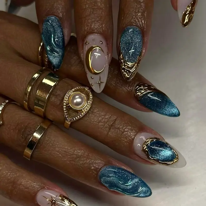 SHEDARES Celestial Dream – Luxury Press-On Nails with Deep Blue Metallic Shine, Sculpted Gold Edges & Celestial Details– Perfect for Night Out & Special Events