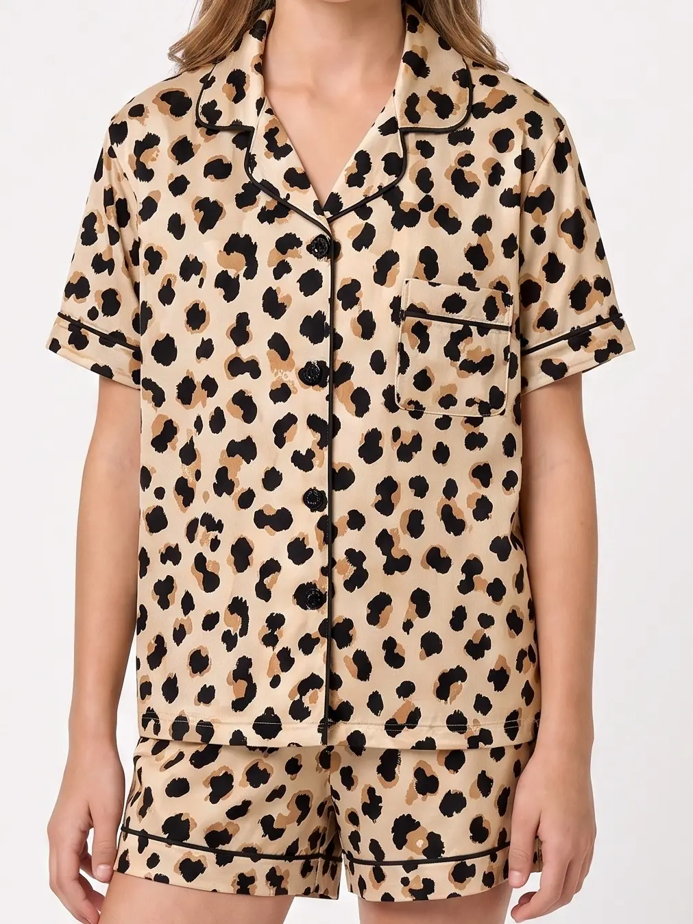 Girls Pajamas Silk Satin Sleepwear | Leopard Print Short Sleeve Pjs Set | Kids Pyjamas for Girls Cute Button Down Loungewear Shorts 2 Piece | Toddler Girl Summer Clothes Soft Nightwear Birthday Gifts