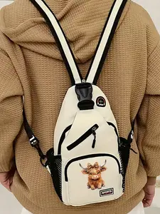 Highland Cow Print Crossbody Bag, Multi-Color Casual Durable Shoulder Backpack, Multiple Pockets, Lightweight Waterproof Travel Hiking Bag, Zipper Crossbody Bag, Shoulder Bags, Stylish Crossbody Bag