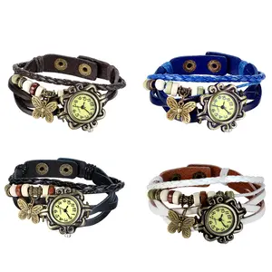 OIDEA Vintage Leather Wrap Bracelet Watch for Women - Boho Butterfly Charm Wood Bead Quartz Wristwatch with Bronze Tone Dial