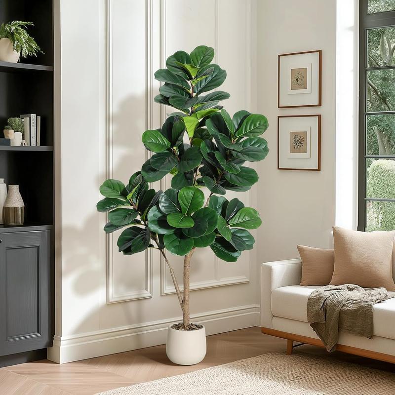 【Christmas Gift】5FT Fiddle Leaf Fig Tree Artificial with 77 Leaves Realistic Faux Ficus Lyrata Trees in 7.8 inch White Planter Pot Indoor Fake Floor Plants for Home Office Living Room Decor Housewarming Gift Decorative Fruit Wood Hand
