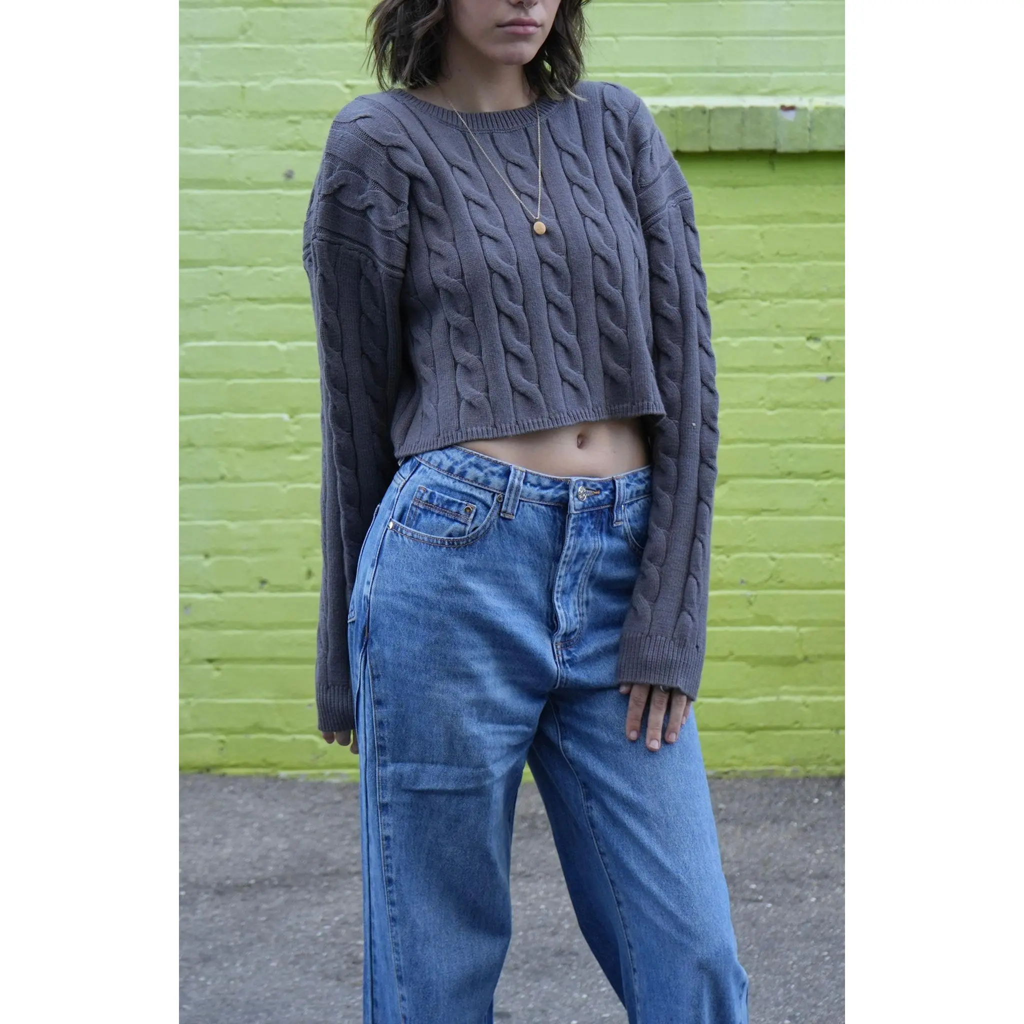 Meredith - Gray Cable Knit Cropped Sweater