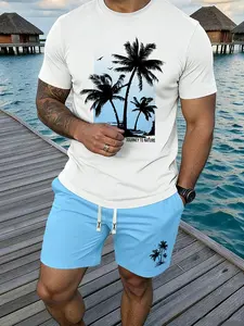 Men's Summer Casual Set, Round Neck T-Shirt + Drawstring Pocket Shorts, Coconut Tree Print, Comfortable Breathable Fabric, Outdoor Vacation Wear