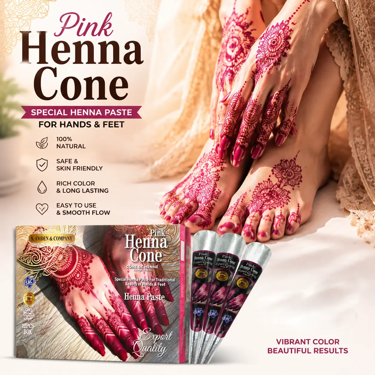Natural Henna Tattoo Cone - Plant-Based Pink Body Art Paste, Safe for Hands, Ft, & Body Art, 24-48hrs Color Development, 7-15 Day Stain, PPD-Free Chemical-Free, Leg Makeup for Festivals, DIY Temporary Tattoo Freckles, Crafts
