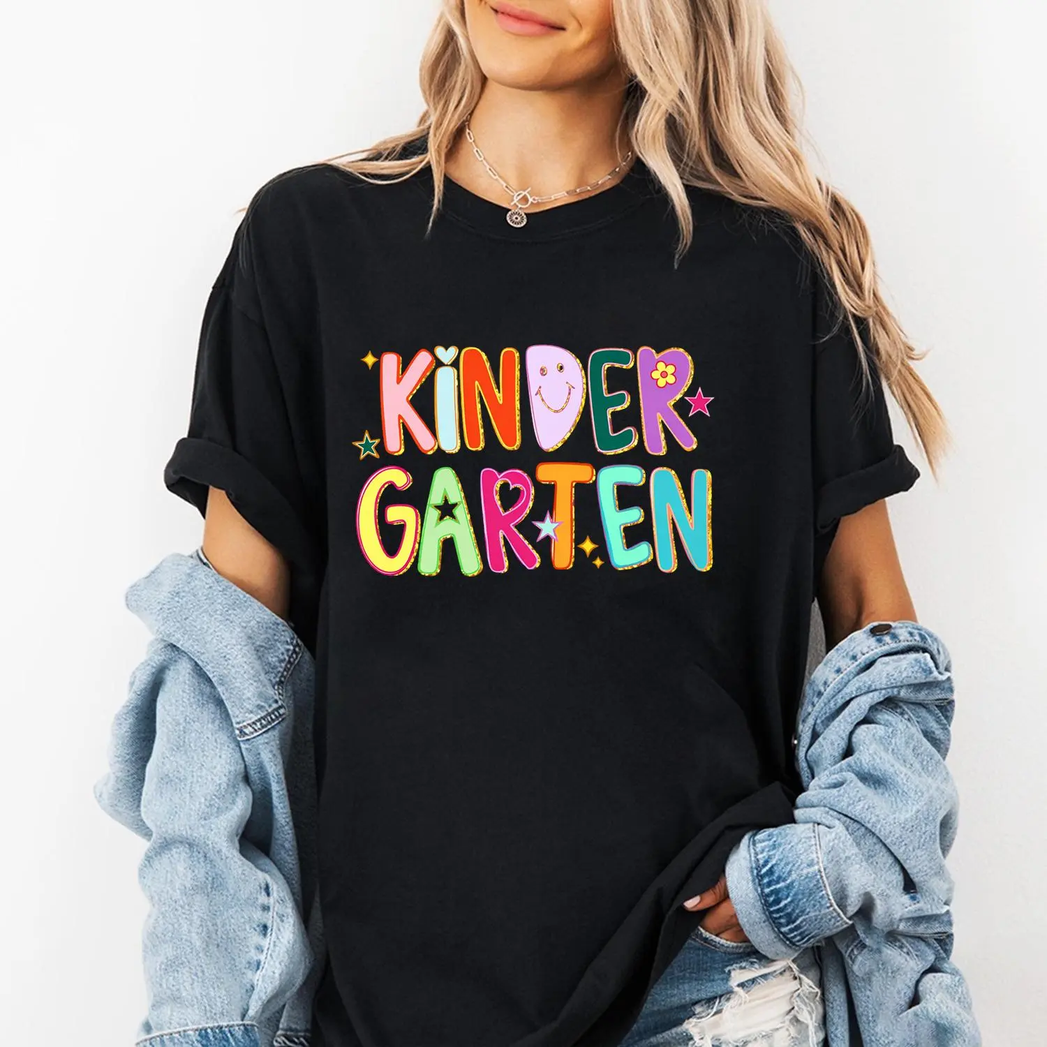 Women's Shabby Chic Teacher T-shirt, Casual Cotton Shortsleeve Top with Hand-Drawn Doodle Stars and Gold Glitter, Tshirt