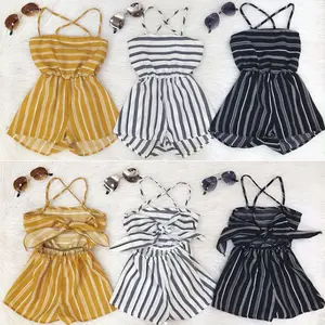 Girls Summer Jumpsuits Striped Backless Strap Romper Children Off Shoulder Bodysuit
