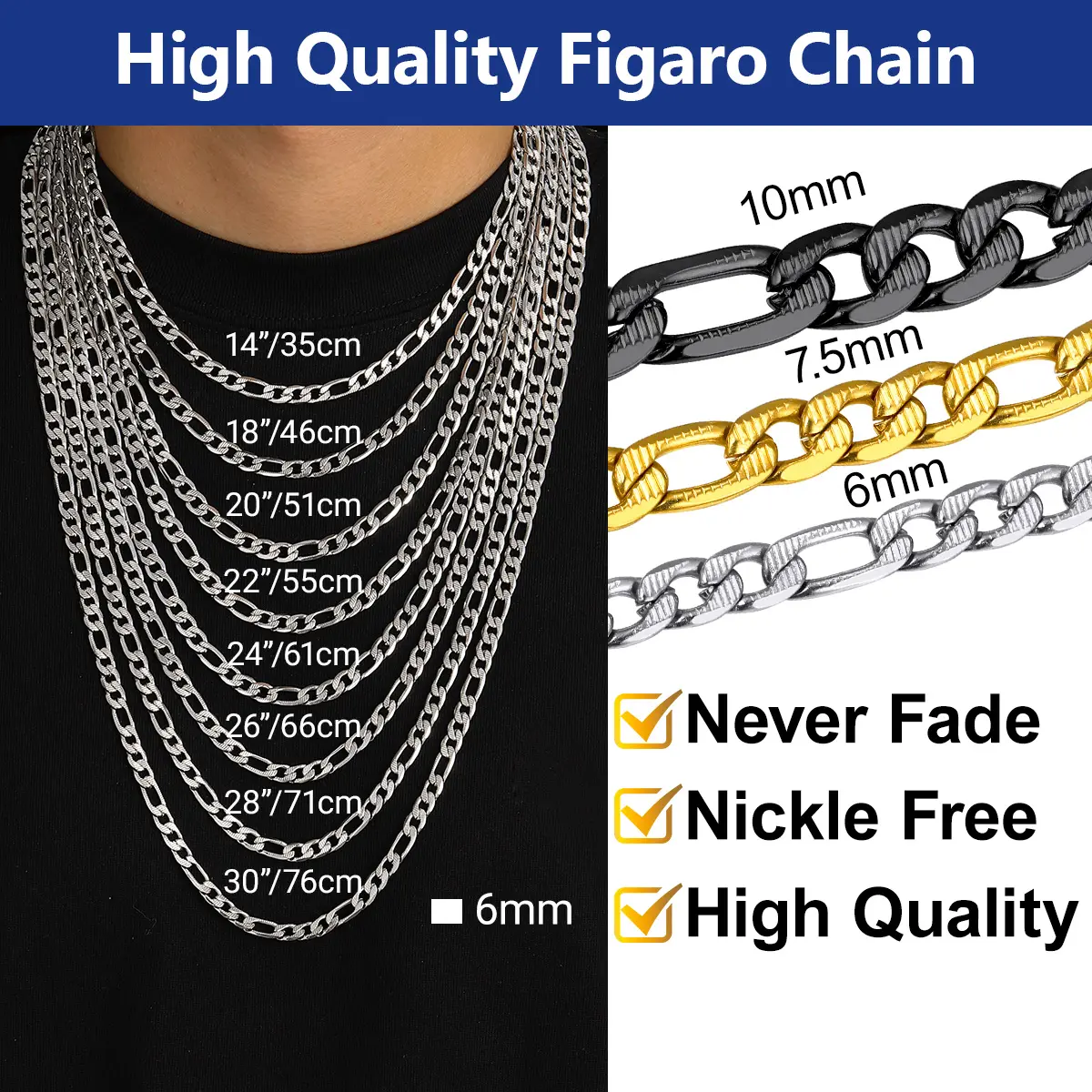 Embossed Figaro Chain Necklace Stainless Steel Length 14-30 Inches Width 6mm/7.5mm/10mm Miami Hip Hop Jewelry Unisex For Men Women Gift Box